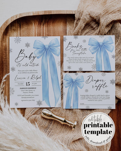 Baby It’s Cold Outside Baby Shower Invitation Blue Bow Snowflake Winter Baby Boy Template #072 - TheLovebirdsDesign