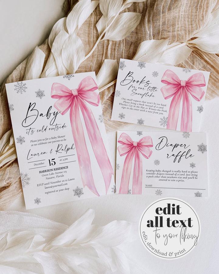 Pink Bow Snowflake Baby Shower Invitation Winter Baby Girl Editable Template #072 - TheLovebirdsDesign