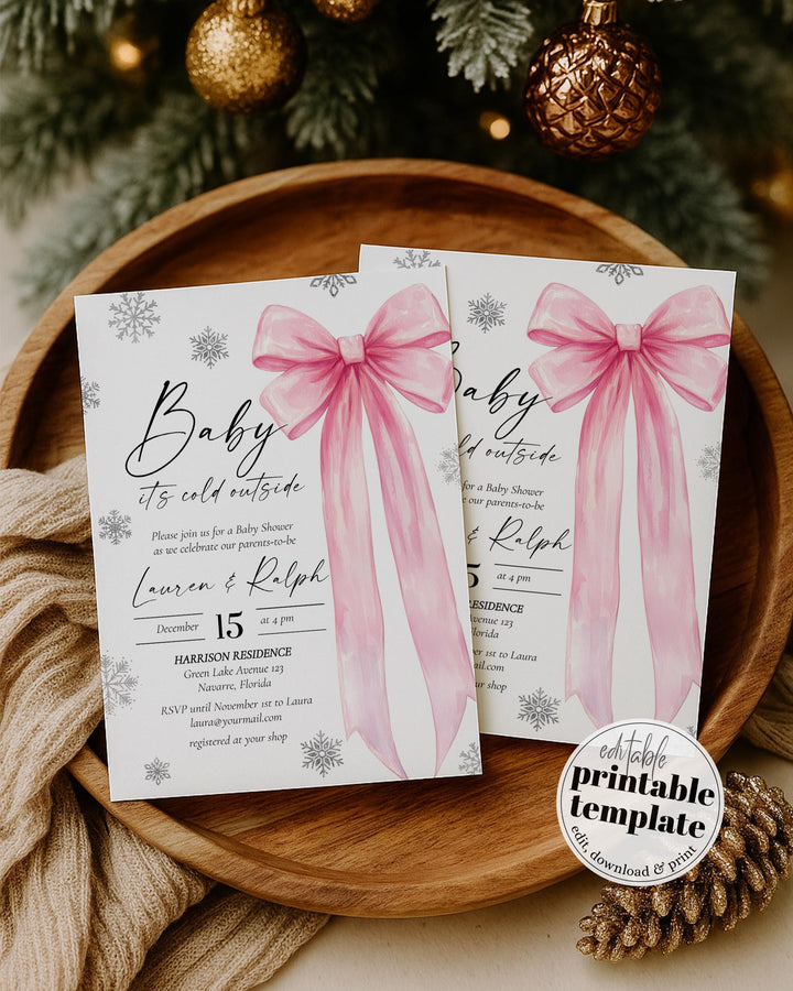 Pink Bow Snowflake Baby Shower Invitation Winter Baby Girl Editable Template #072 - TheLovebirdsDesign