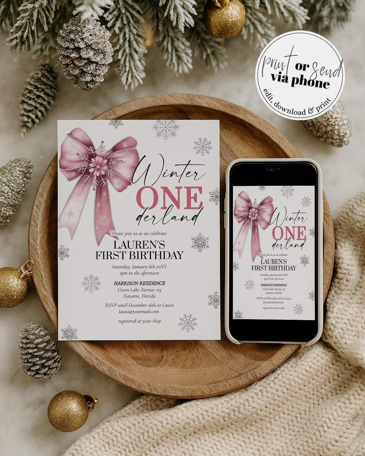 Pink Winter Onederland First Birthday Invitation Snowflake Baby Girl Template #072 - TheLovebirdsDesign