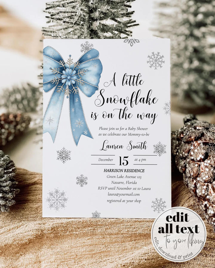 Blue Snowflake Baby Shower Invitation Suite A Little Snowflake Is On The Way Boy Template #072 - TheLovebirdsDesign