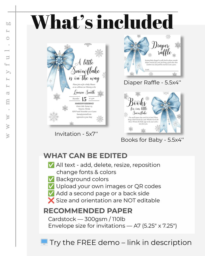 Blue Snowflake Baby Shower Invitation Suite A Little Snowflake Is On The Way Boy Template #072 - TheLovebirdsDesign