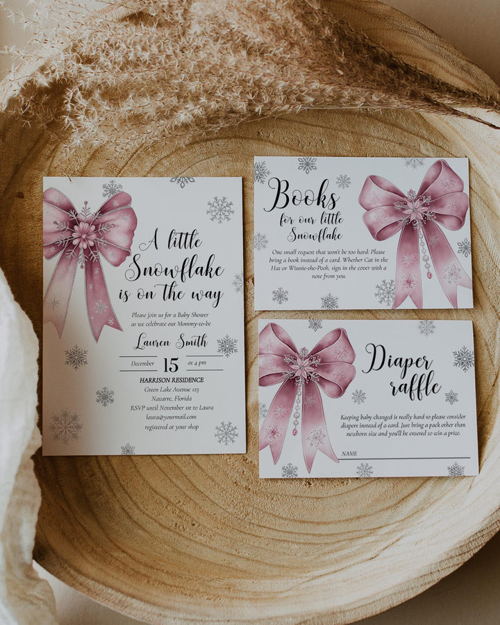 Pink Snowflake Baby Shower Invitation Suite A Little Snowflake Is On The Way Girl Template #072 - TheLovebirdsDesign