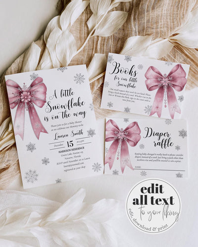 Pink Snowflake Baby Shower Invitation Suite A Little Snowflake Is On The Way Girl Template #072 - TheLovebirdsDesign