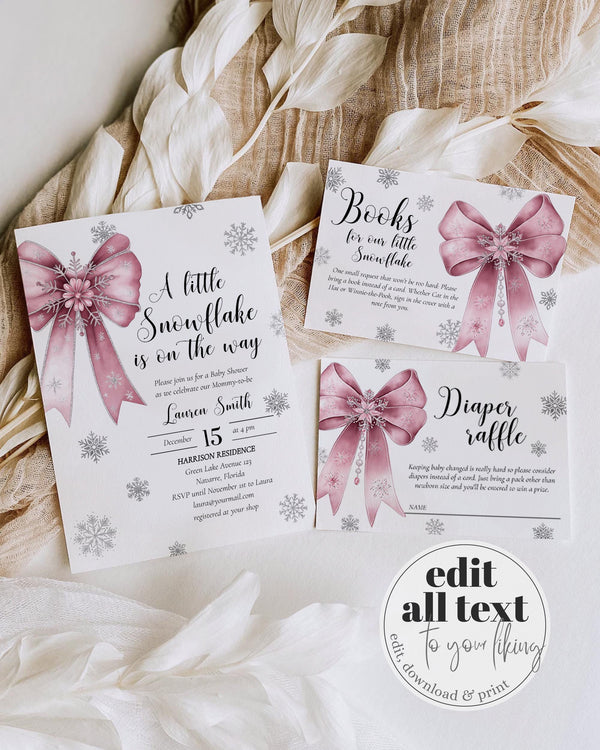 Pink Snowflake Baby Shower Invitation Suite A Little Snowflake Is On The Way Girl Template #072 - TheLovebirdsDesign