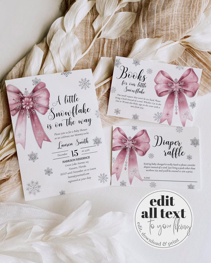 Pink Snowflake Baby Shower Invitation Suite A Little Snowflake Is On The Way Girl Template #072 - TheLovebirdsDesign