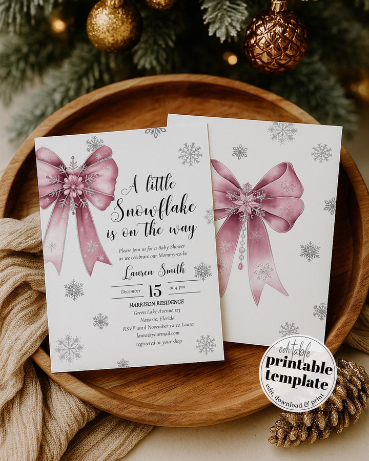 Pink Snowflake Baby Shower Invitation Suite A Little Snowflake Is On The Way Girl Template #072 - TheLovebirdsDesign