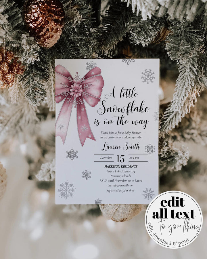 Pink Snowflake Baby Shower Invitation Suite A Little Snowflake Is On The Way Girl Template #072 - TheLovebirdsDesign