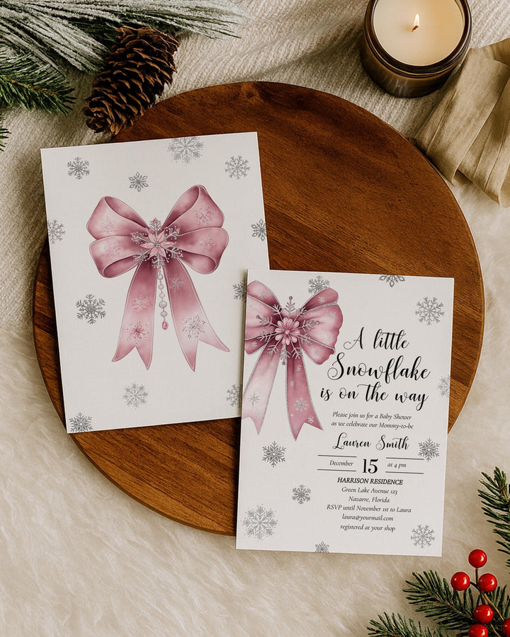Pink Snowflake Baby Shower Invitation Suite A Little Snowflake Is On The Way Girl Template #072 - TheLovebirdsDesign