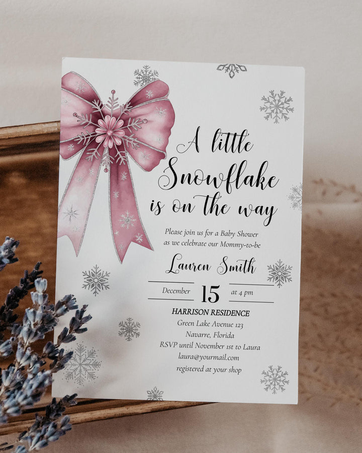 Pink Snowflake Baby Shower Invitation Suite A Little Snowflake Is On The Way Girl Template #072 - TheLovebirdsDesign