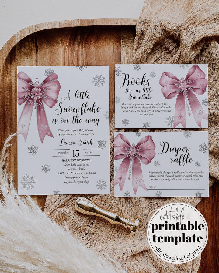 Pink Snowflake Baby Shower Invitation Suite A Little Snowflake Is On The Way Girl Template #072 - TheLovebirdsDesign