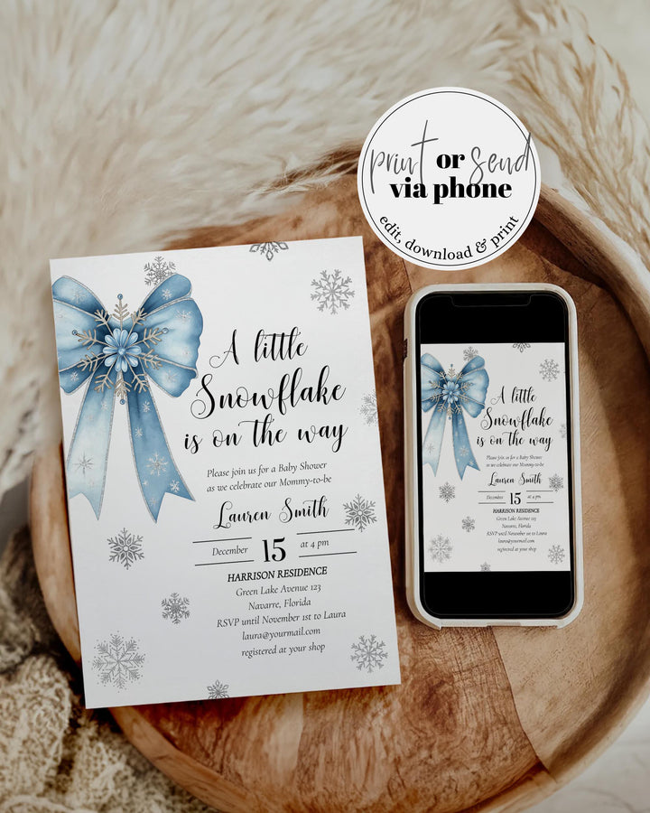 Blue Snowflake Baby Shower Invitation Suite A Little Snowflake Is On The Way Boy Template #072 - TheLovebirdsDesign