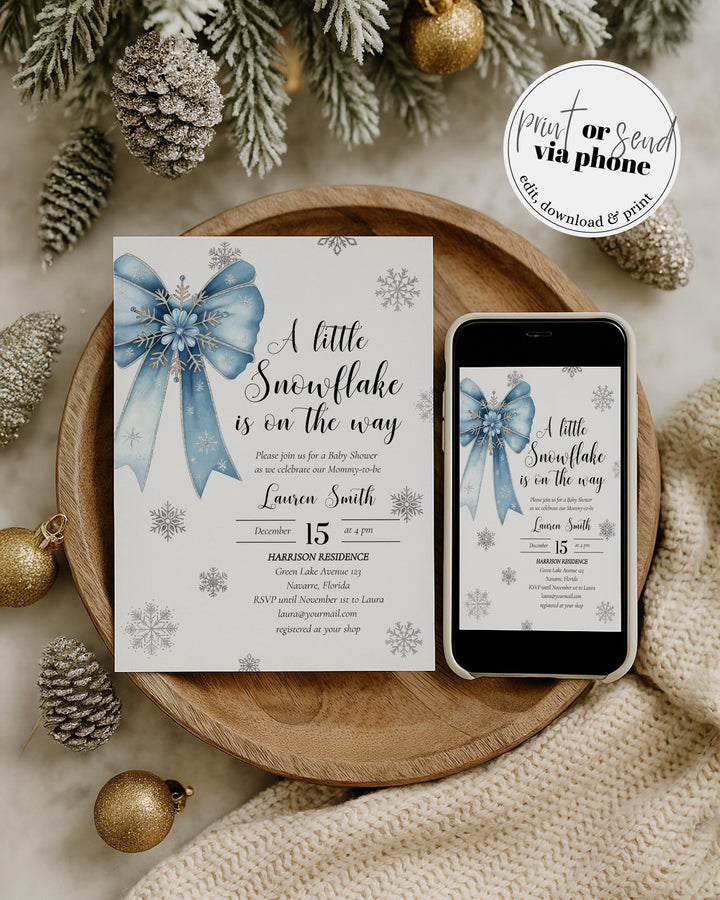Blue Snowflake Baby Shower Invitation Suite A Little Snowflake Is On The Way Boy Template #072 - TheLovebirdsDesign