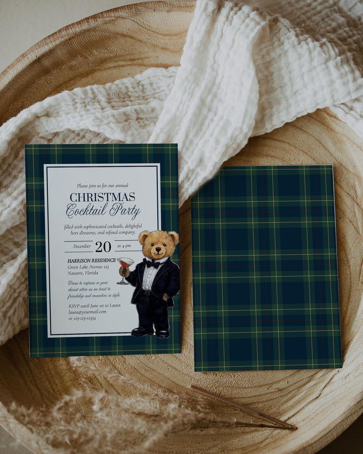 Vintage Christmas Cocktail Invite Template - Editable Tuxedo Bear Martini Glass Holiday Party Printable #068rl - TheLovebirdsDesign