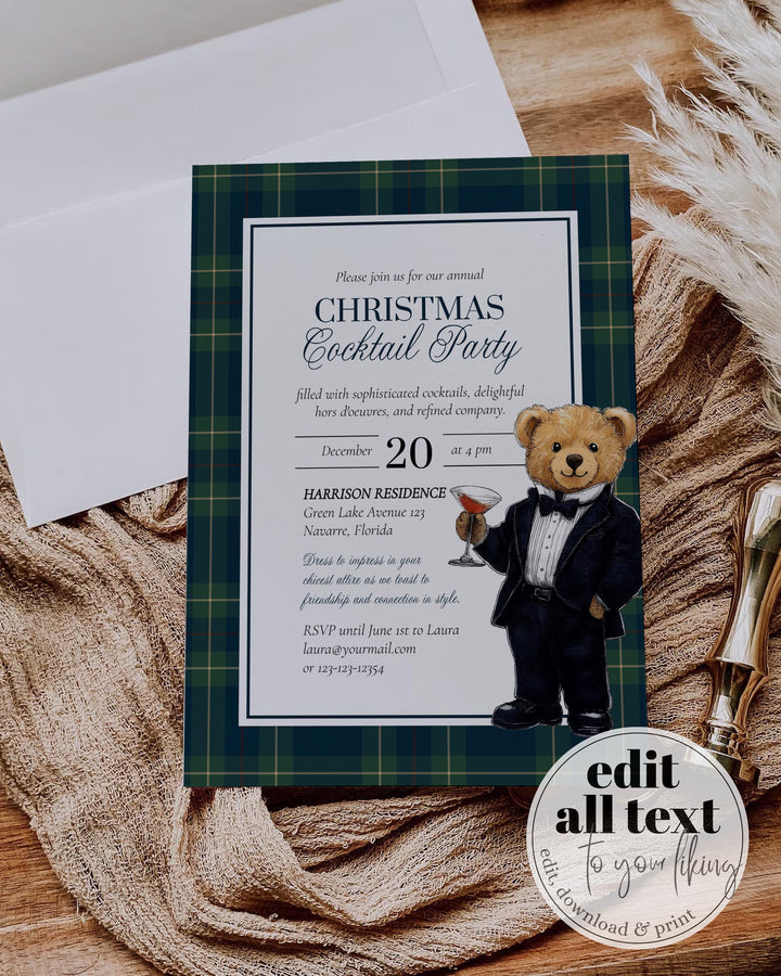 Vintage Christmas Cocktail Invite Template - Editable Tuxedo Bear Martini Glass Holiday Party Printable #068rl - TheLovebirdsDesign
