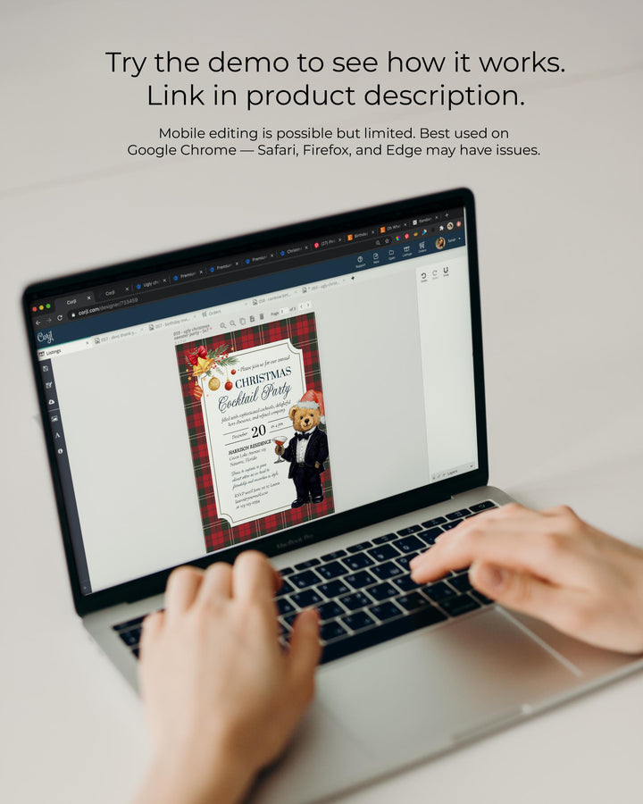 Christmas Cocktail Party Invitation Template with editable Tuxedo Bear Martini Glass Vintage Holiday Party Printable #068ch - TheLovebirdsDesign