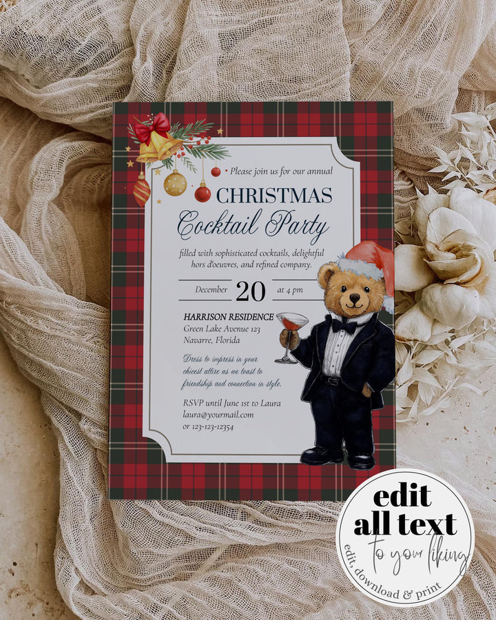 Christmas Cocktail Party Invitation Template with editable Tuxedo Bear Martini Glass Vintage Holiday Party Printable #068ch - TheLovebirdsDesign