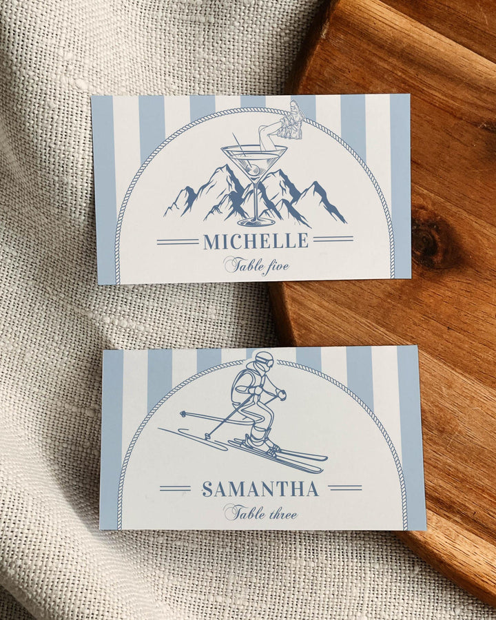 Winter Après Ski Place Cards & Mountain Ski Party Food Labels Template for Unique Chalet Après Ski Bachelorette Party Celebration #072 - TheLovebirdsDesign
