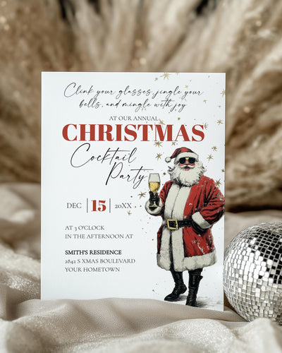 Retro Santa Christmas Party Invitation Editable Holiday Cocktail Celebration Champagne Template #072 - TheLovebirdsDesign