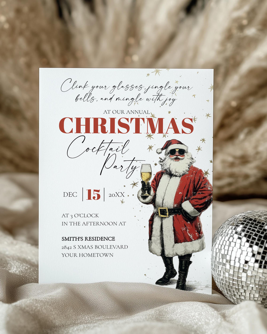 Retro Santa Christmas Party Invitation Editable Holiday Cocktail Celebration Champagne Template 028SA-CHPAINV - marryful.org