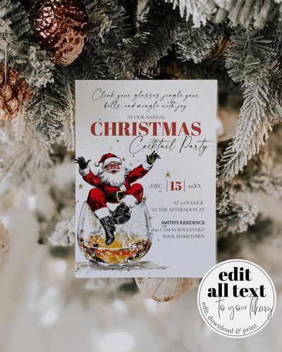 Retro Santa Bourbon Christmas Party Invitation Editable Holiday Cocktail Celebration Template #072 - TheLovebirdsDesign