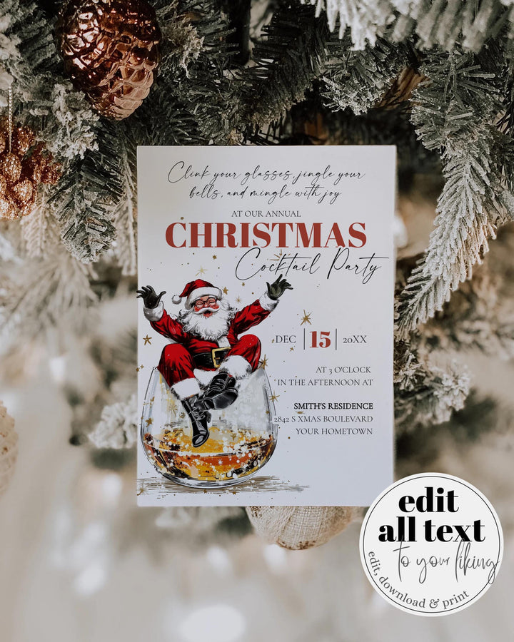 Retro Santa Bourbon Christmas Party Invitation Editable Holiday Cocktail Celebration Template #072 - TheLovebirdsDesign