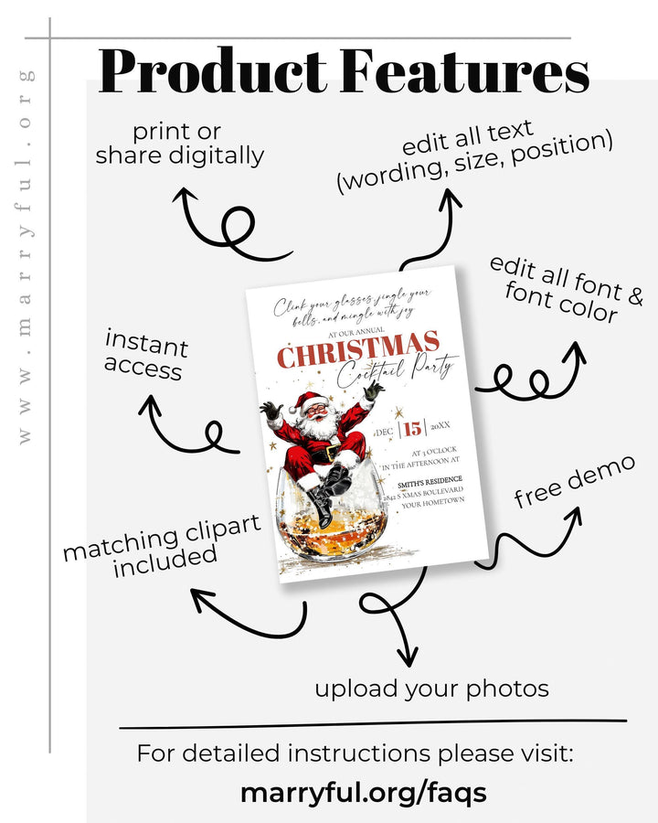 Retro Santa Bourbon Christmas Party Invitation Editable Holiday Cocktail Celebration Template #072 - TheLovebirdsDesign