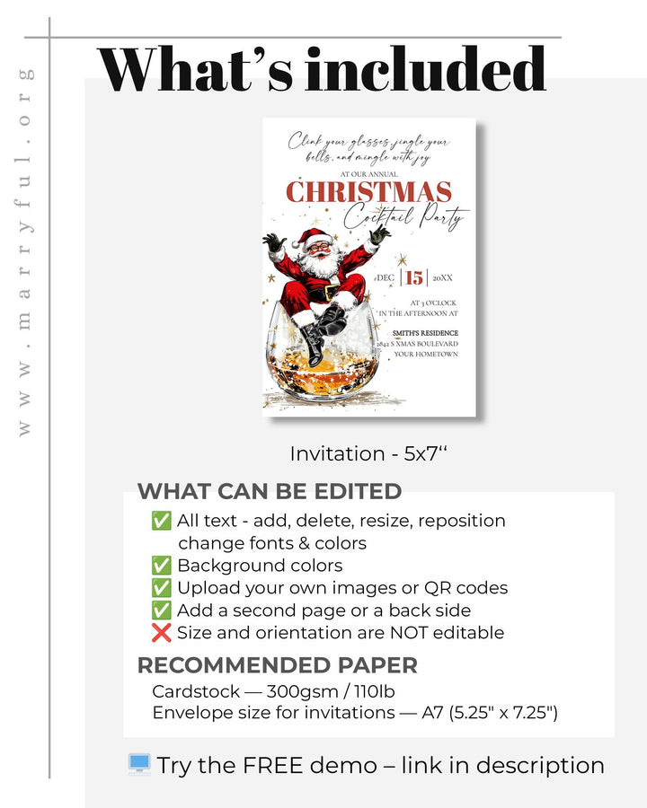 Retro Santa Bourbon Christmas Party Invitation Editable Holiday Cocktail Celebration Template #072 - TheLovebirdsDesign
