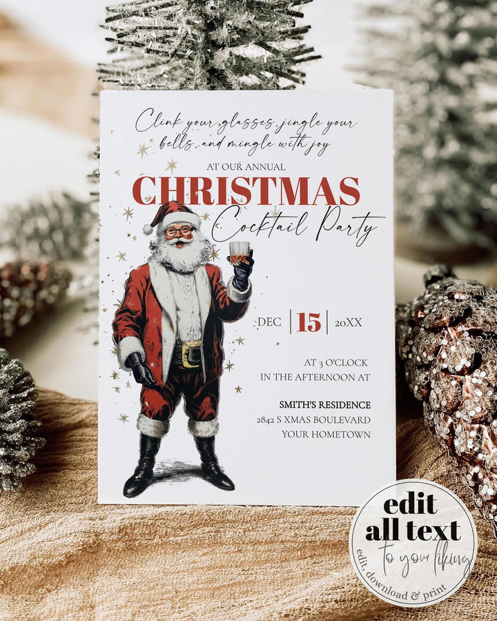 Santa Martini Christmas Party Invitation Editable Holiday Cocktail Celebration Jingle And Mingle Template #072 - TheLovebirdsDesign