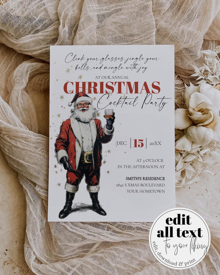 Santa Martini Christmas Party Invitation Editable Holiday Cocktail Celebration Jingle And Mingle Template #072 - TheLovebirdsDesign