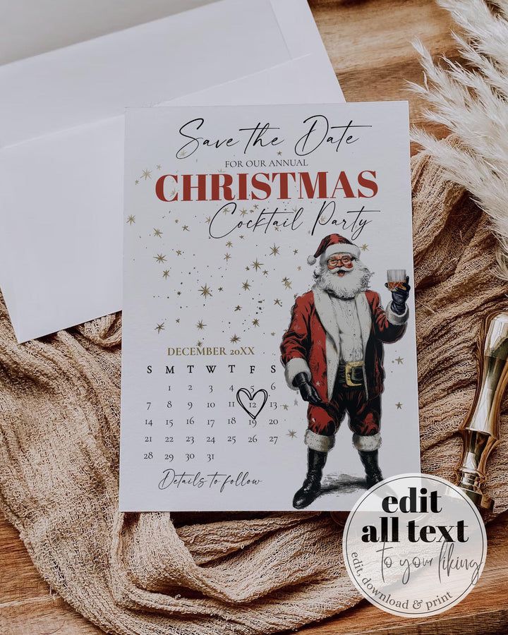 Santa Martini Save The Date Calendar Editable Christmas Cocktail Party Template Jingle And Mingle #072 - TheLovebirdsDesign