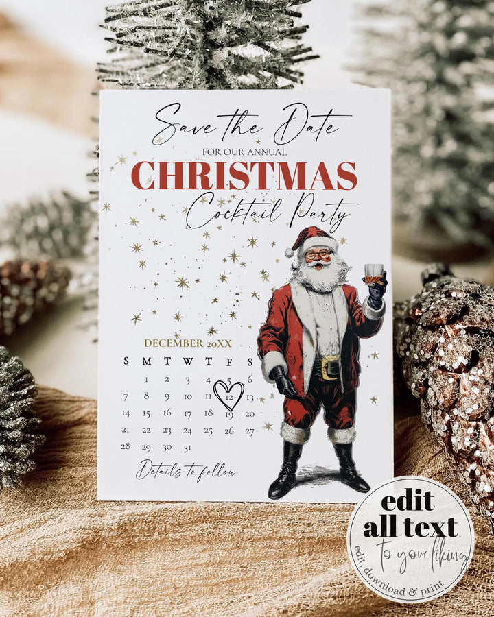 Santa Martini Save The Date Calendar Editable Christmas Cocktail Party Template Jingle And Mingle #072 - TheLovebirdsDesign