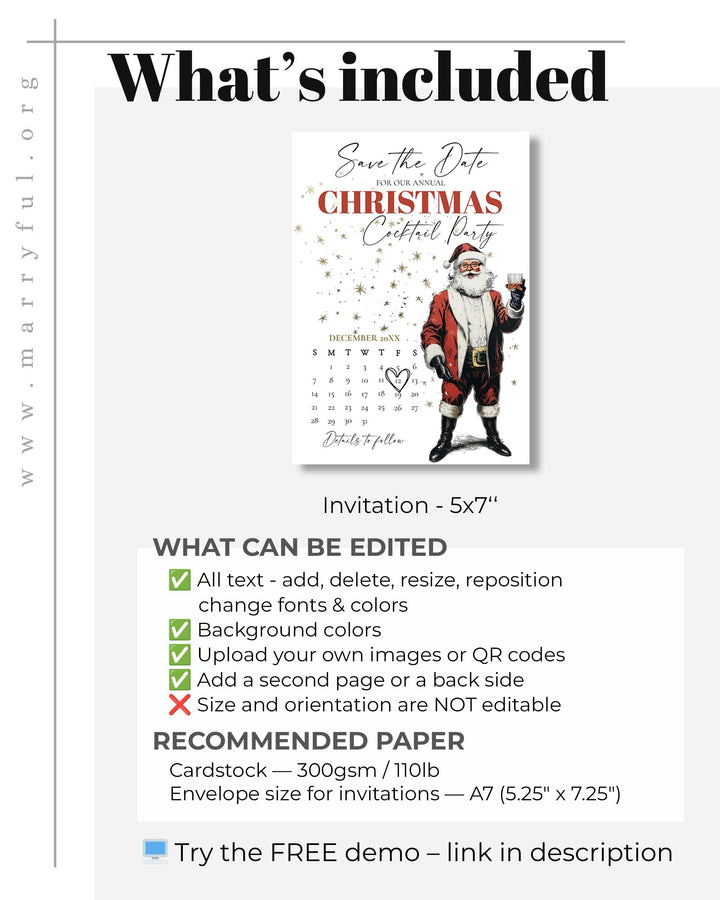 Santa Martini Save The Date Calendar Editable Christmas Cocktail Party Template Jingle And Mingle #072 - TheLovebirdsDesign