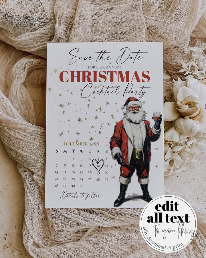 Santa Martini Save The Date Calendar Editable Christmas Cocktail Party Template Jingle And Mingle #072 - TheLovebirdsDesign