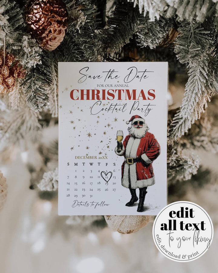 Retro Santa Save The Date Calendar Editable Christmas Party Invitation Champagne Holiday Template #072 - TheLovebirdsDesign