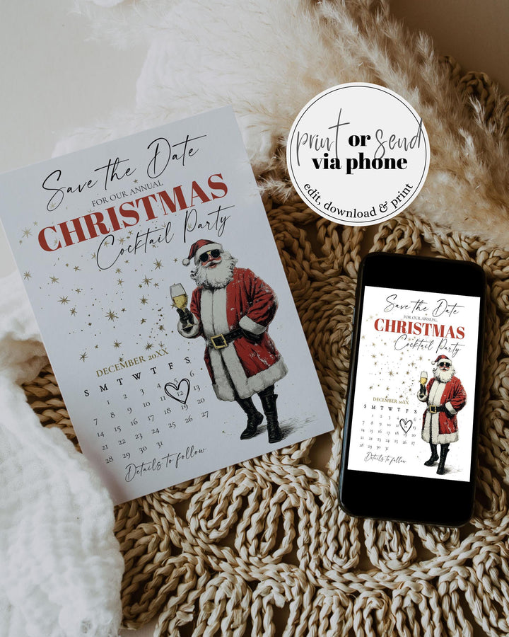Retro Santa Save The Date Calendar Editable Christmas Party Invitation Champagne Holiday Template #072 - TheLovebirdsDesign