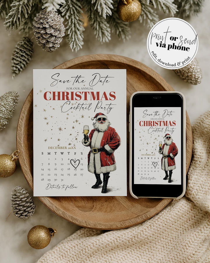 Retro Santa Save The Date Calendar Editable Christmas Party Invitation Champagne Holiday Template #072 - TheLovebirdsDesign