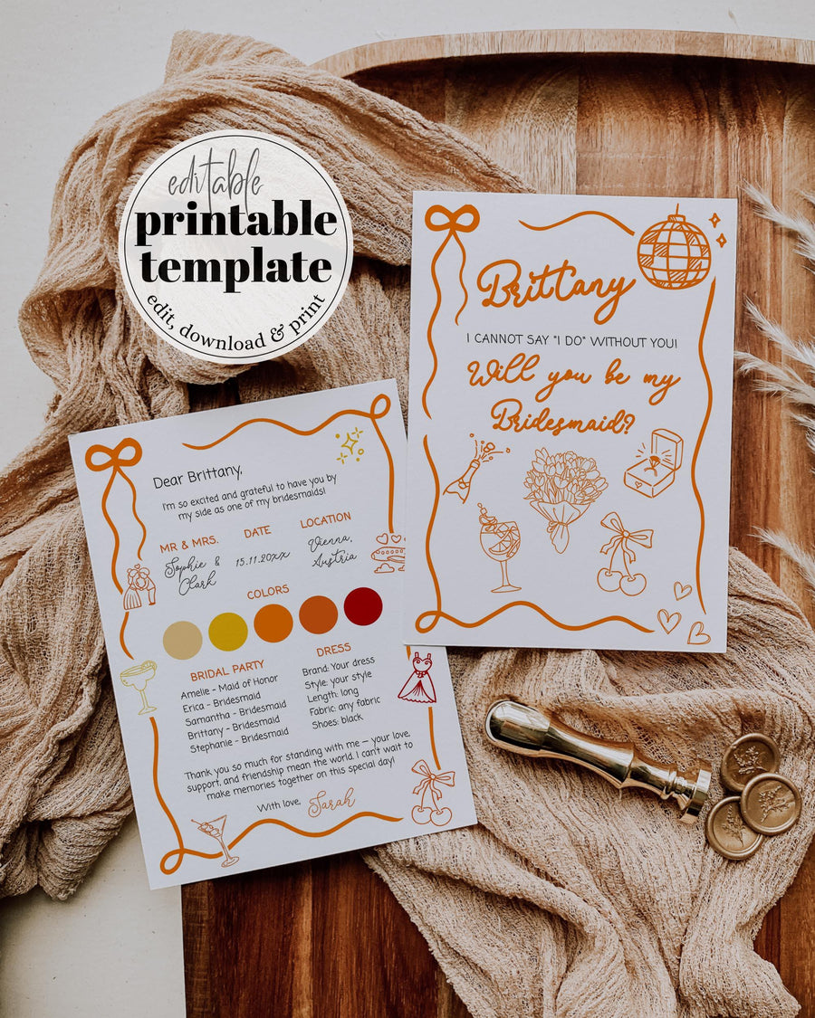 Aperol Spritz Bridesmaid Proposal Card Template, Funky Doodle Will You Be My Bridesmaid Info Card Editable #070 - marryful.org