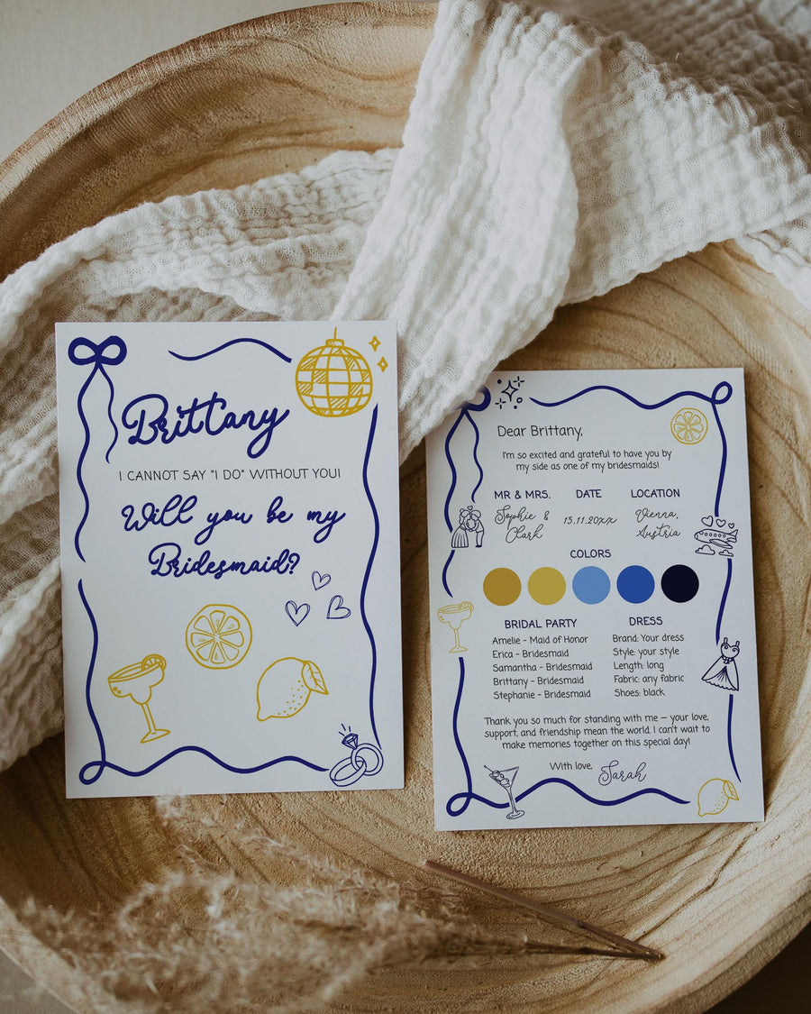 Mediterranean Lemon Bridesmaid Proposal Card Template, Blue Yellow Hand Drawn Info Card Editable #070 - marryful.org