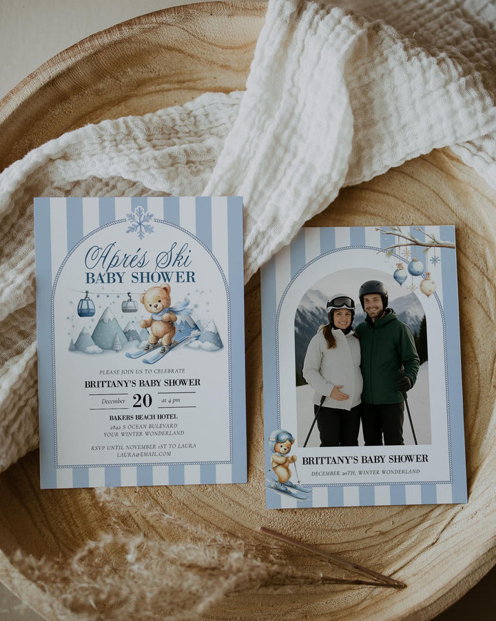 Après Ski Baby Shower Invitation, Teddy Bear on Skis, Blue Winter Mountains Editable Template #072 - TheLovebirdsDesign