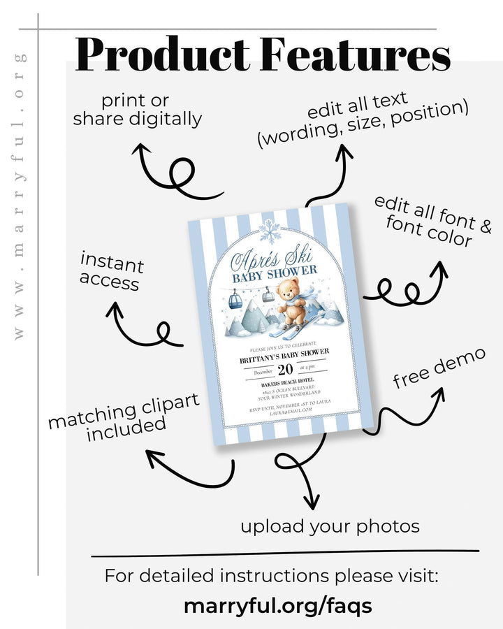 Après Ski Baby Shower Invitation, Teddy Bear on Skis, Blue Winter Mountains Editable Template #072 - TheLovebirdsDesign