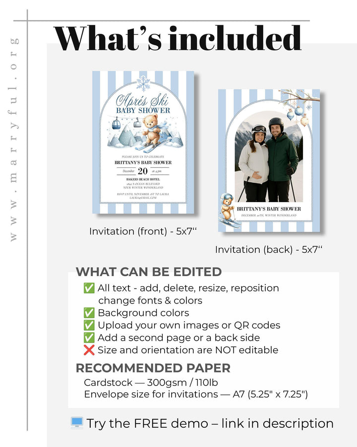 Après Ski Baby Shower Invitation, Teddy Bear on Skis, Blue Winter Mountains Editable Template #072 - TheLovebirdsDesign