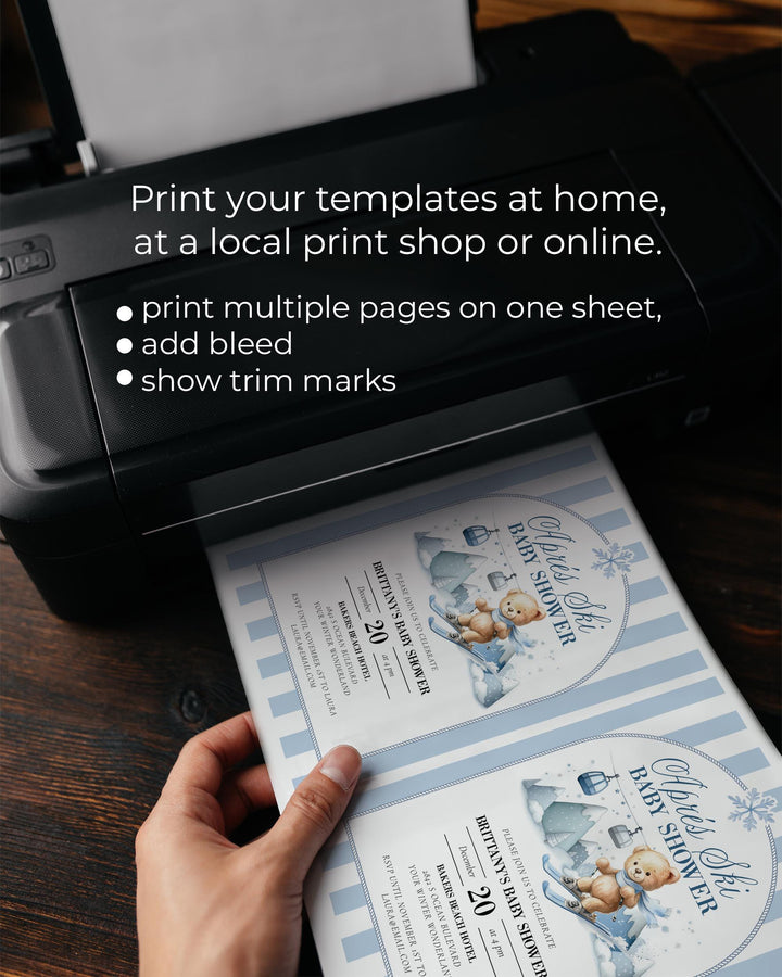 Après Ski Baby Shower Invitation, Teddy Bear on Skis, Blue Winter Mountains Editable Template #072 - TheLovebirdsDesign