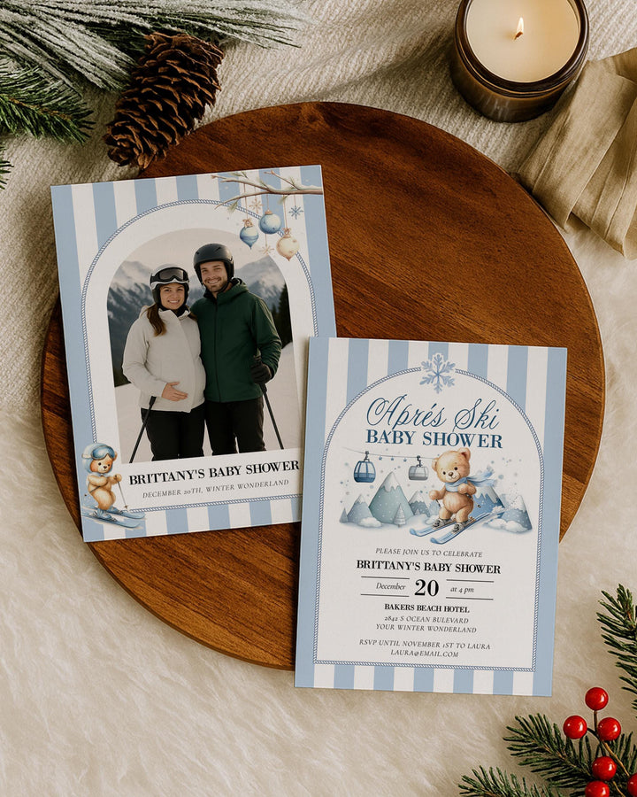 Après Ski Baby Shower Invitation, Teddy Bear on Skis, Blue Winter Mountains Editable Template #072 - TheLovebirdsDesign