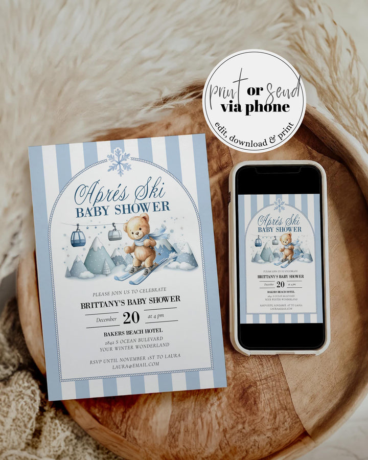 Après Ski Baby Shower Invitation, Teddy Bear on Skis, Blue Winter Mountains Editable Template #072 - TheLovebirdsDesign
