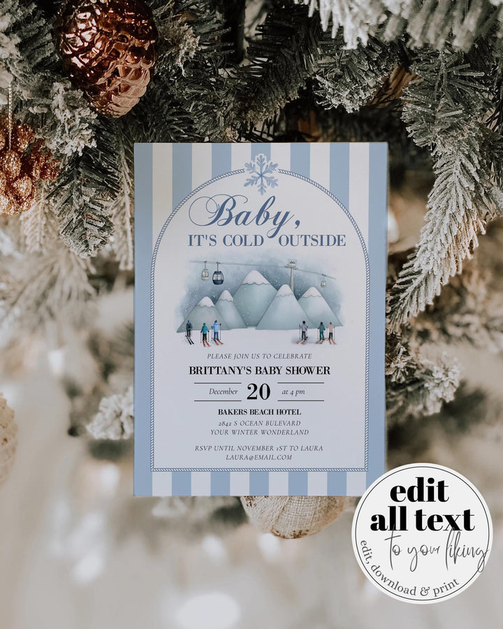Baby It’s Cold Outside Baby Shower Invitation, Blue Ski Mountain Winter Theme, Editable Template #072 - TheLovebirdsDesign