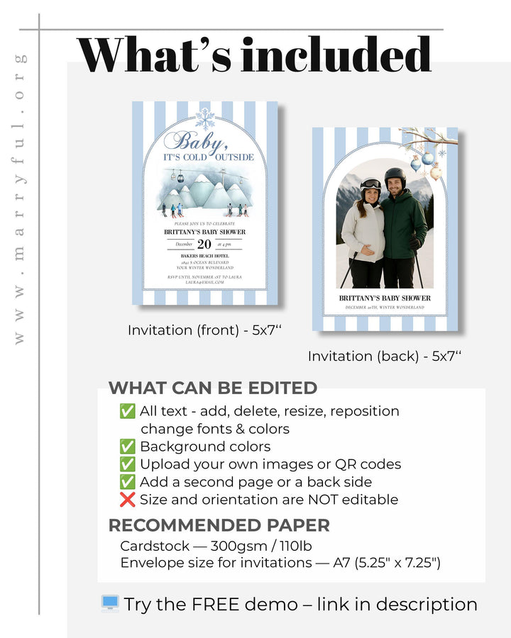Baby It’s Cold Outside Baby Shower Invitation, Blue Ski Mountain Winter Theme, Editable Template #072 - TheLovebirdsDesign