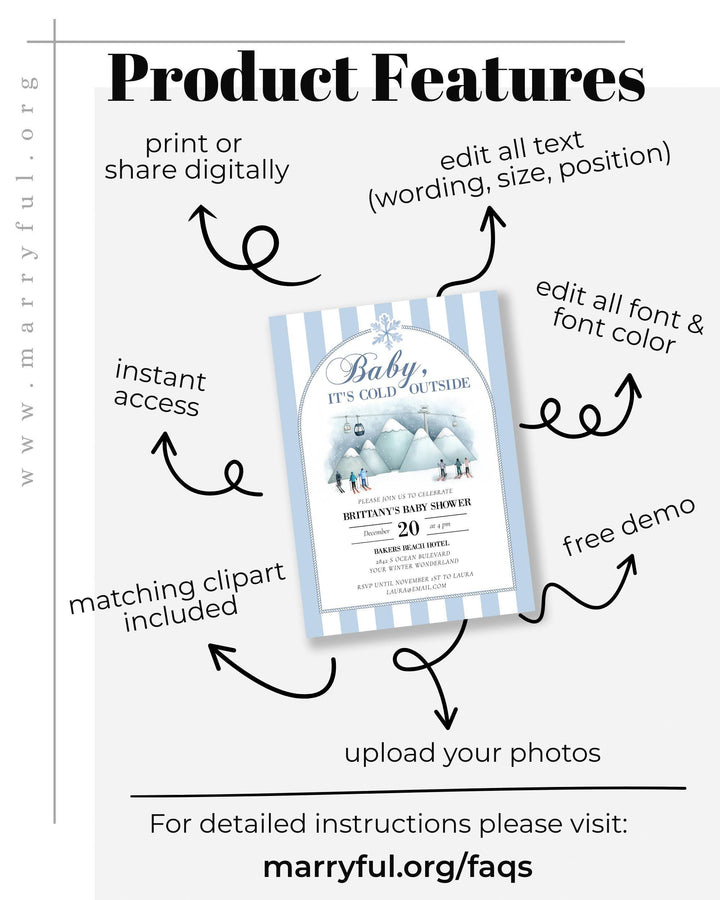 Baby It’s Cold Outside Baby Shower Invitation, Blue Ski Mountain Winter Theme, Editable Template #072 - TheLovebirdsDesign