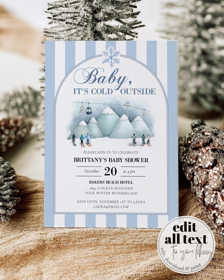 Baby It’s Cold Outside Baby Shower Invitation, Blue Ski Mountain Winter Theme, Editable Template #072 - TheLovebirdsDesign