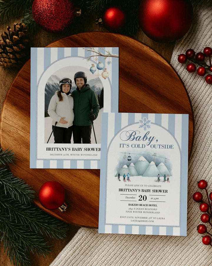 Baby It’s Cold Outside Baby Shower Invitation, Blue Ski Mountain Winter Theme, Editable Template #072 - TheLovebirdsDesign